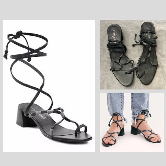 Free People Hermosa Lace Up Black Leather Strappy Sandals Size 40 gladiator - Picture 1 of 7
